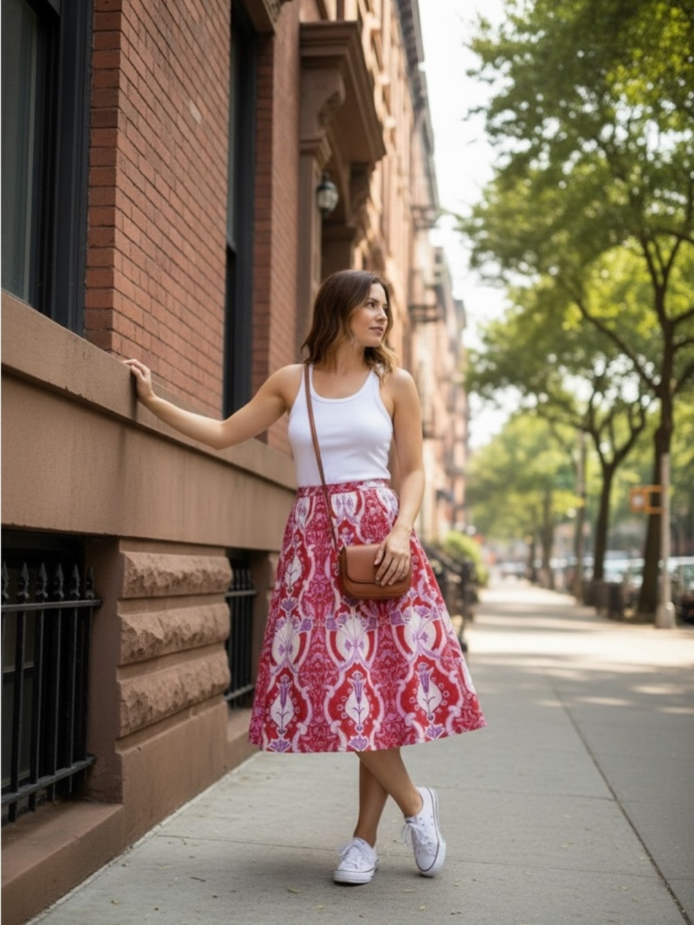Beyond by Vera Red & Pink Printed Midi Skirt | Size L | Statement Summer Skirt - Picture 2 of 5